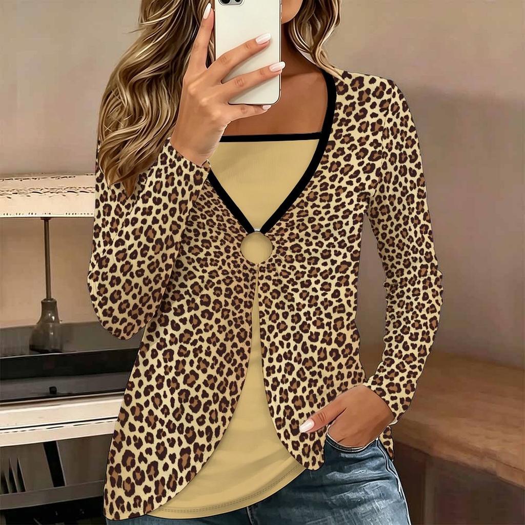 Tops for Women Leopard Print Long Sleeve Fake Two‑Piece Top Fall Casual Slim Pullover Women's Long Sleeve Top