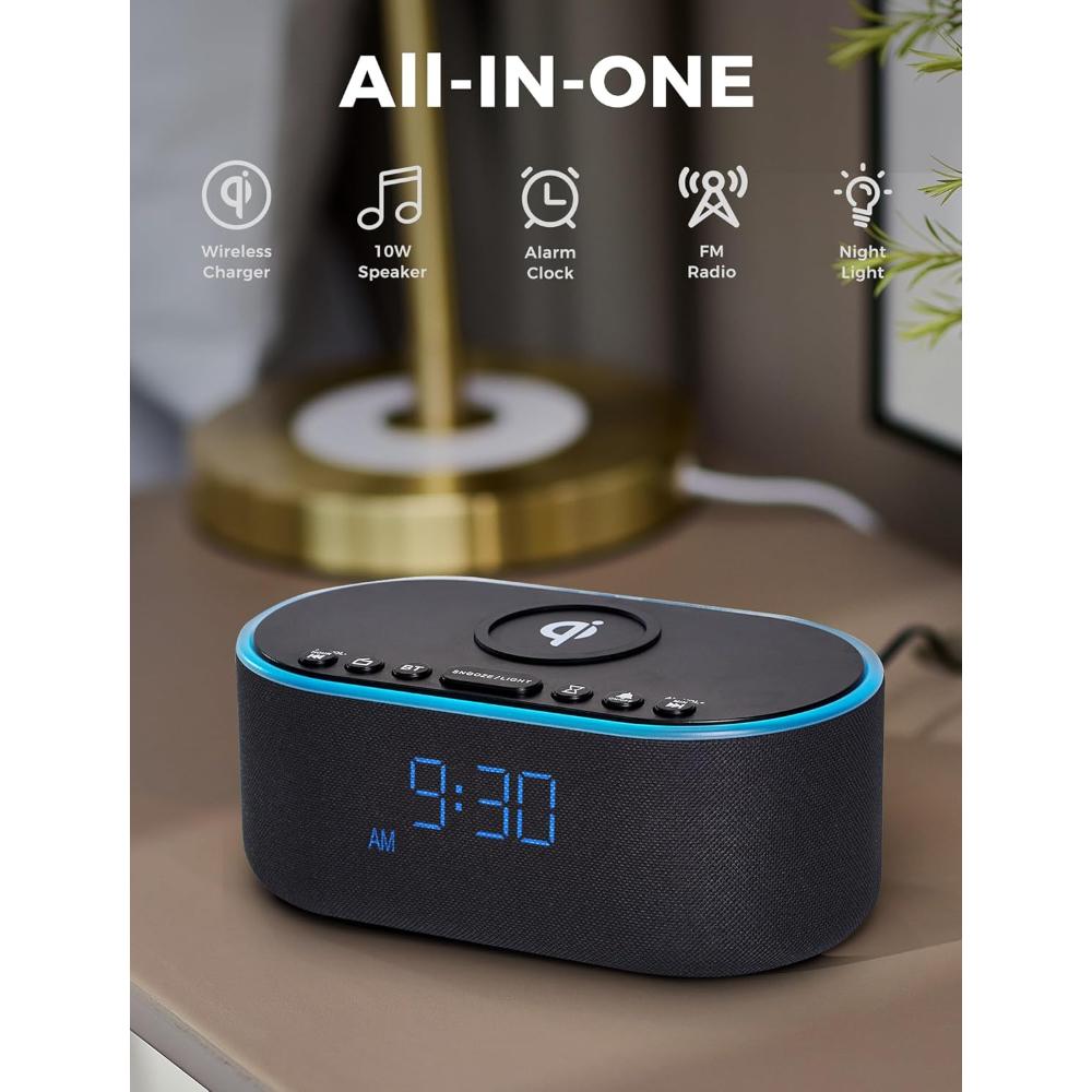 Wireless Charging Alarm Clock Radio: Qi Certified Fast Wireless Charger for iPhone Samsung - 10W Stereo Wall Clocks