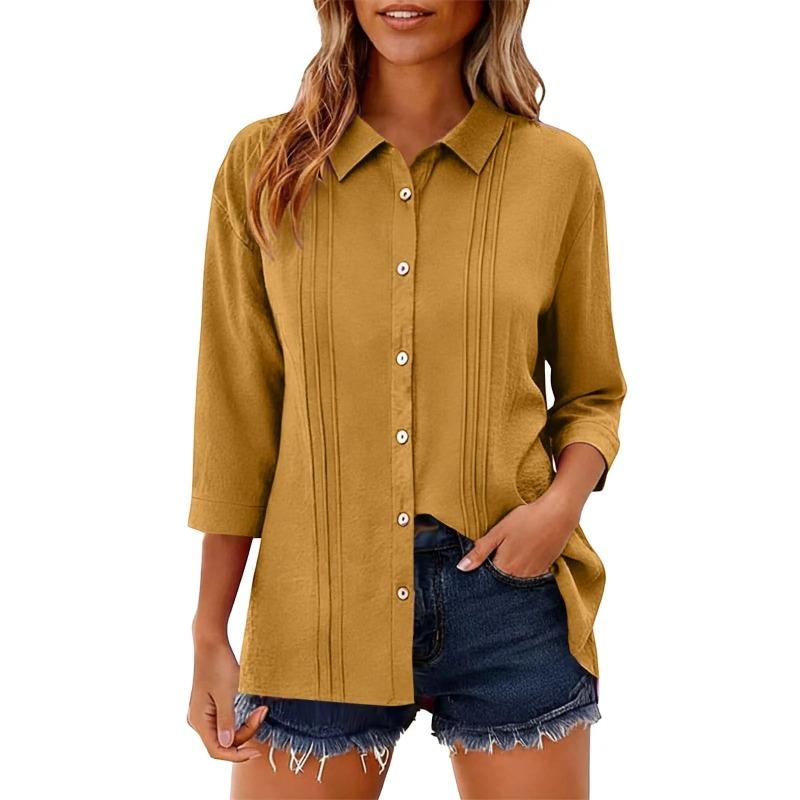 Summer New Women's Casual Tops Three-quarter Sleeve Solid Color Lapel Cotton and Linen Loose Shirt