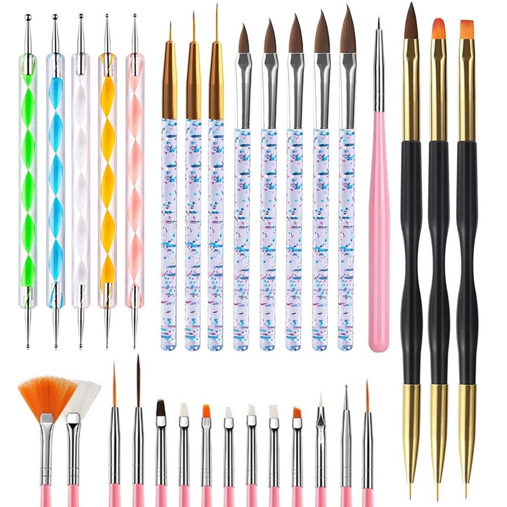 YIKOOLIN 31PCS Nail Art Brushes Nail Art Tool Set Double Ended Nail Dotting Tools Nail Dust Brush Acrylic Brush Manicure Tools