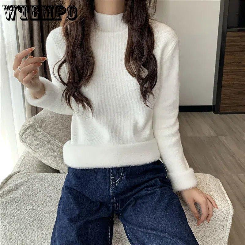 WTEMPO Thickened Sweater Women's Turtleneck Fleece Lined Knitting Top Long Sleeve Pullover Y2k Jumper Autumn Winter Knitwear