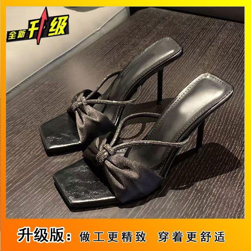 Black Cool Slippers 2025 Summer New Open-toe Wear with Sexy High Heels Half Slippers Rhinestone Women's Sandals