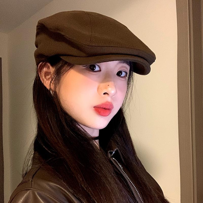 

American retro solid color autumn and winter hat, face-slimming beret for women, artistic and versatile, suitable for large head sizes, casual hat E-720 Brown drawstring wo