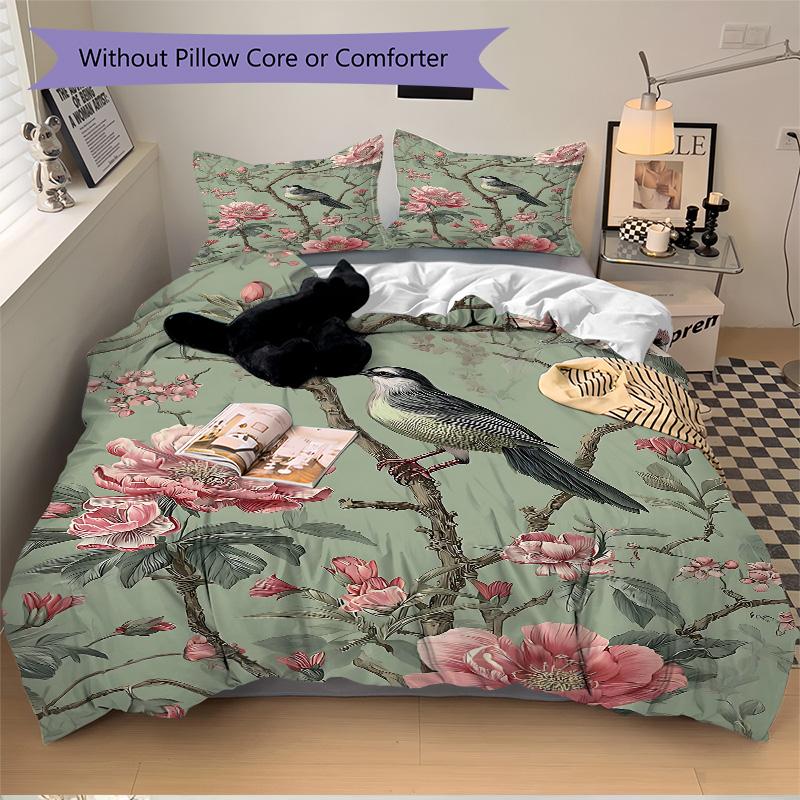 Bird Amidst Floral Branches Print 3Pcs Bedding Setduvet Cover With 2 Bedropillowcase Home Birthday Gift