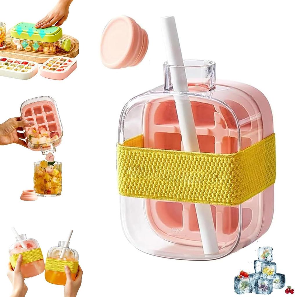 Ice Cube Bottle, Ice Cube Bottle with Lid and Container, 2 In 1 Ice Cube Tray, Water Bottle with Lid and Container