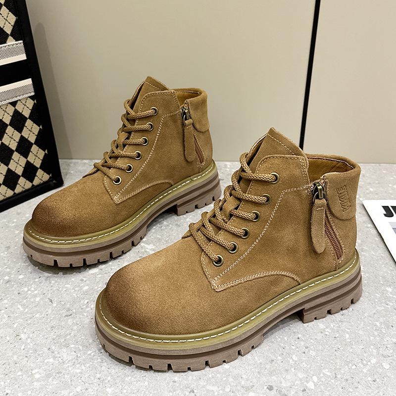 European Station Cattle Velvet Leather Rhubarb Women's Double Zipper Thicksole Inner Height Increasing Martin Retro Short