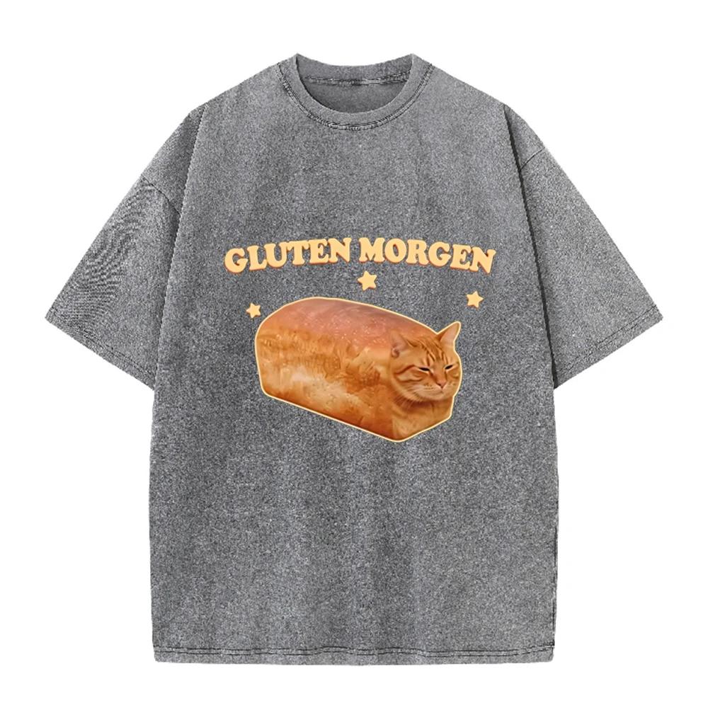 2026 Funny Bread Cat Gluten Morgen Graphic T Shirt Men Women Vintage Washed Black Unisex Casual Tee