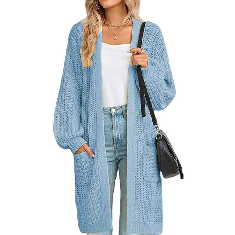 Solid Color Women's Knitted Mid-length Cardigan with Pockets
