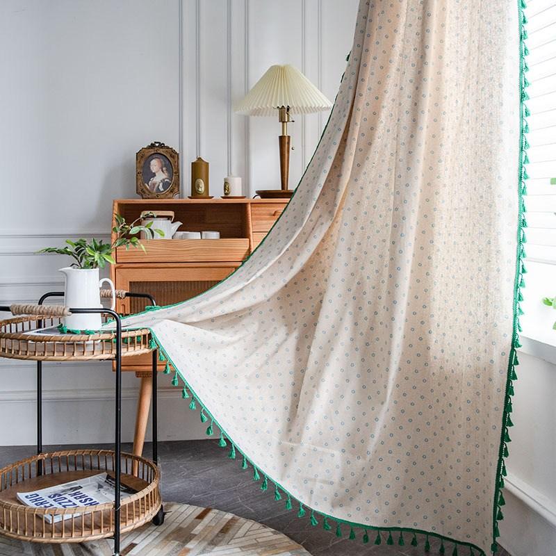 

American Style Cotton And Hemp Printing Daisy Kitchen Curtain Green Tassel Semi-shading Study Bedroom Window Finished Curtain W135 x H46cm&Punching