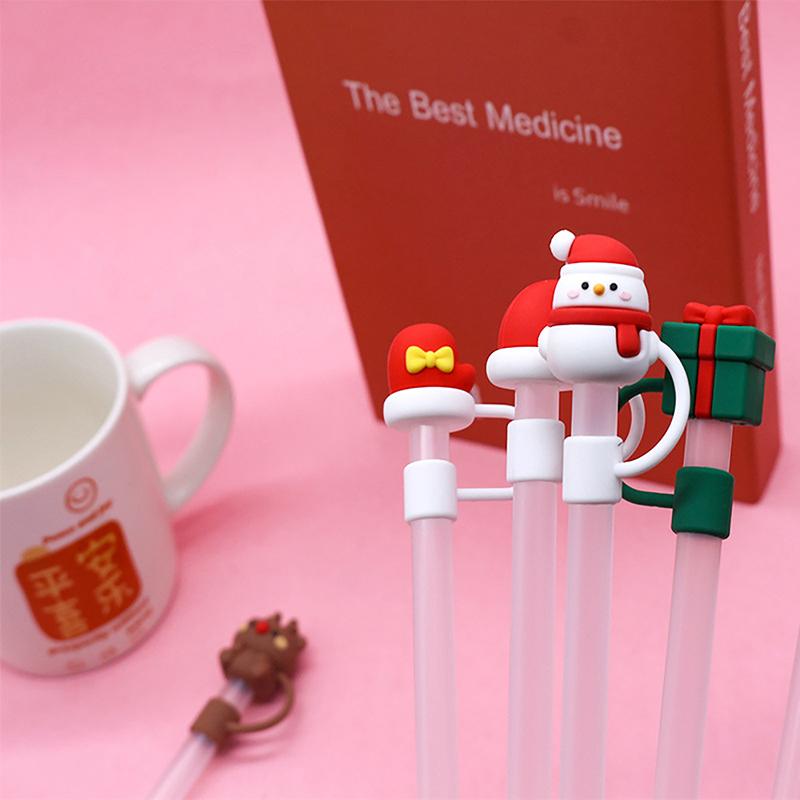Christmas New Year Theme Cute Straw Dust Cap Dust Plug Detachable Doll Cute Straw Dust Cover Glass Stainless Steel Straw Cover