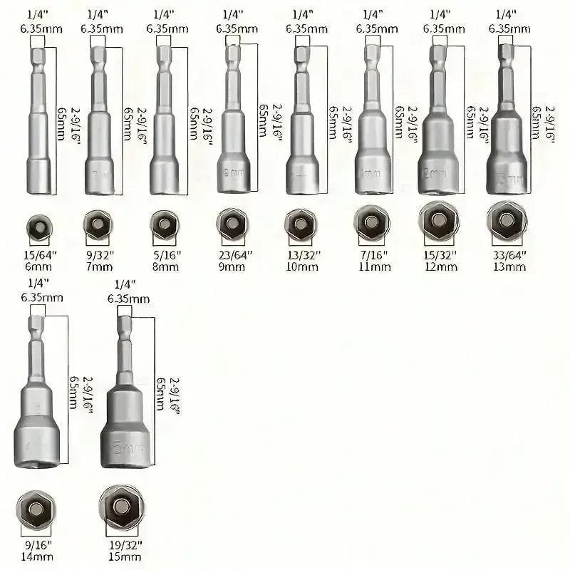 6mm-19mm Impact Socket Magnetic Nut Screwdriver 1/4 Hex Key Set Drill Bit Adapter for Power Drills Impact Drivers Socket Kit