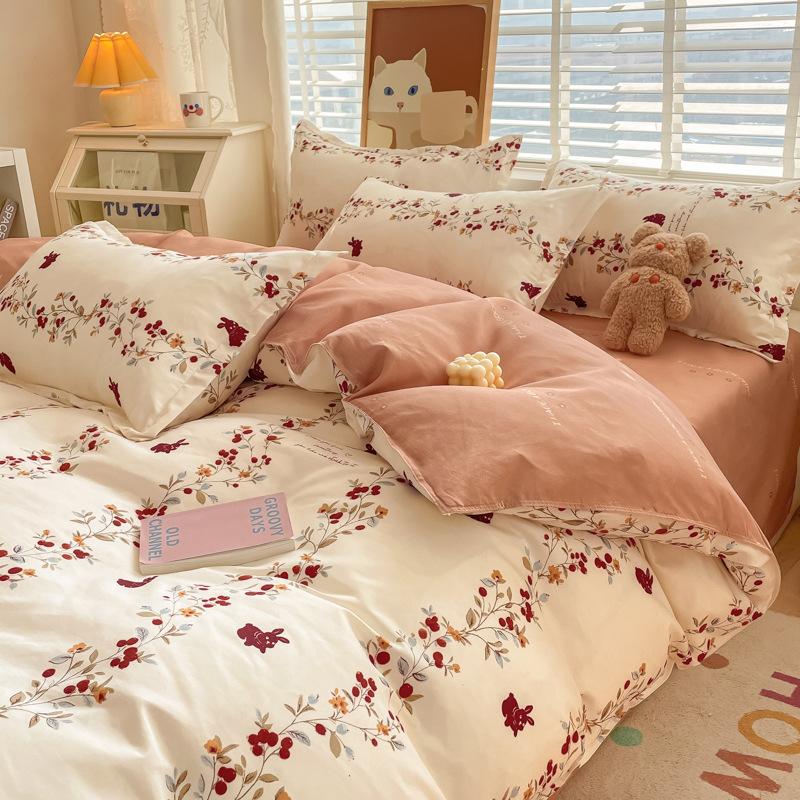Pastoral Style Plant Cashmere Print Four-piece Bedding Set Dormitory Fresh Bed Sheet Three-piece Set