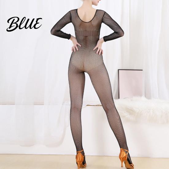 Curve-enhancing Mesh Jumpsuit Women Fishnet Hollow Out Long Sleeve Skinny Thin Pantyhose O Neck Dance