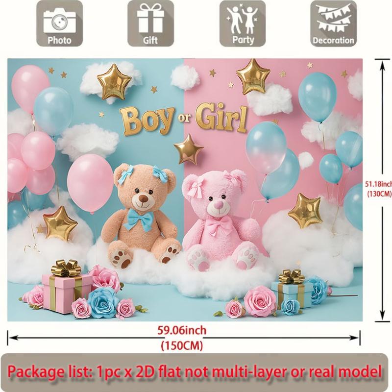2D flat banner 1 piece per pack featuring a boy/girl baby gender reveal theme with bears balloons and clouds