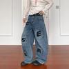Design Pocket Letter Jeans Women's Summer Splicing Overalls High Street Hip Hop Wide Leg Pants