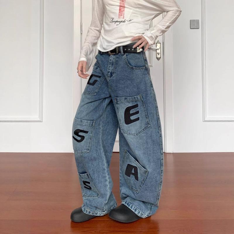 Design Pocket Letter Jeans Women's Summer Splicing Overalls High Street Hip Hop Wide Leg Pants