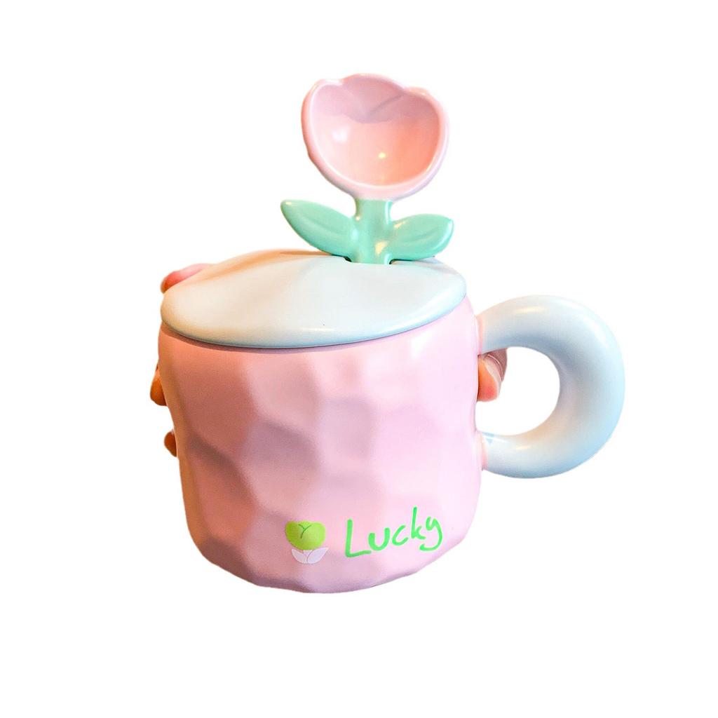 Tulpenbecher mit Deckel Löffel mit Hohem Aussehen und Niedlicher Heim Büro Mädchen Keramik Trinkbecher Souvenir