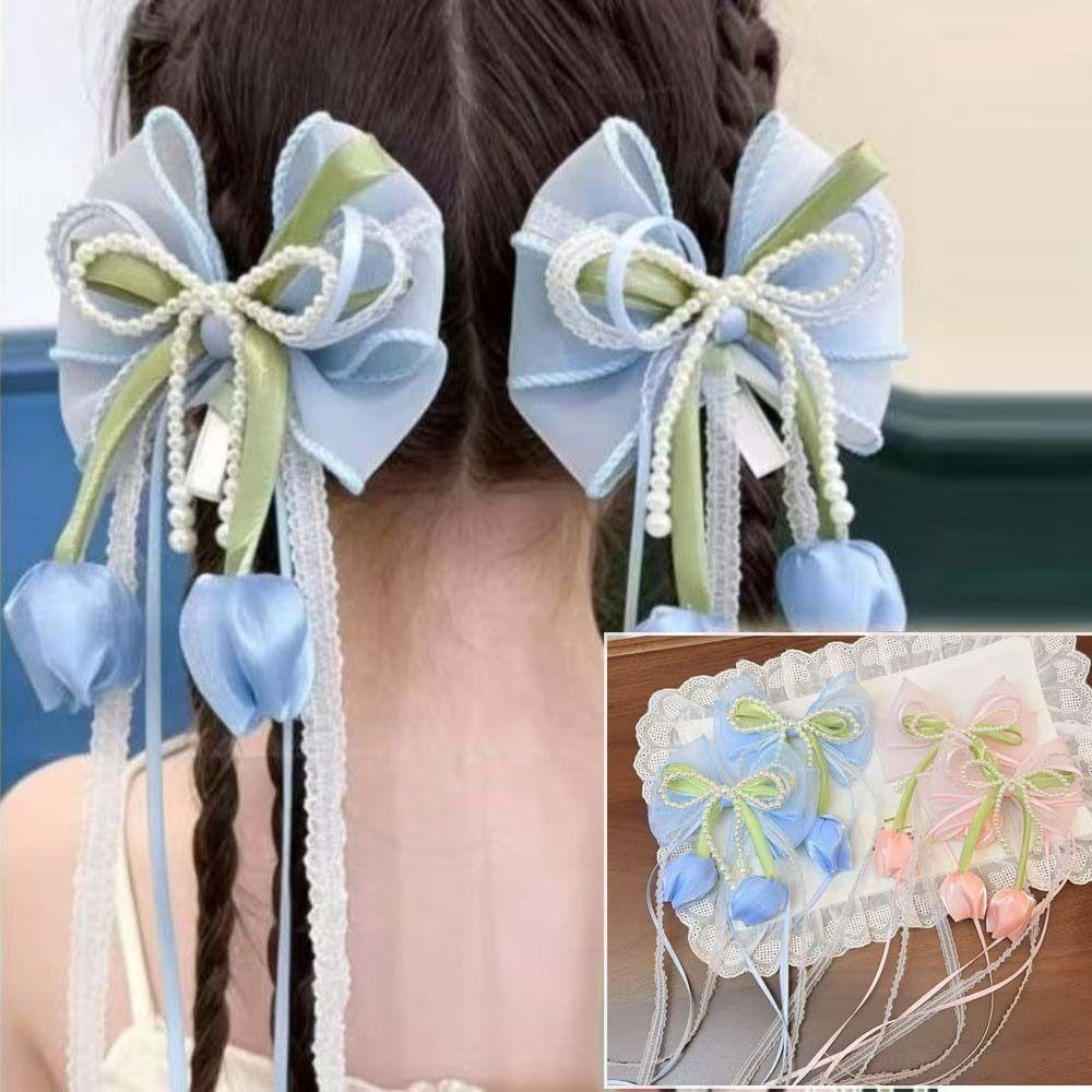 Chiffon Bowknot Chiffon Tulip Hair Clips Floral Pearl Floral Hair Clips Pastel Sweet Flower Bow Hairpin Girl Hair Accessories