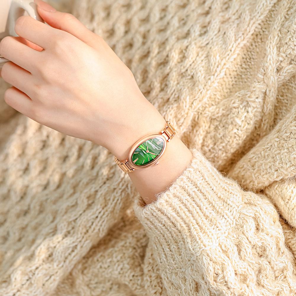 Ceas de damă cu cuarț, design oval, cu bandă de oțel, mic, verde, temperament simplu, pentru navetiști