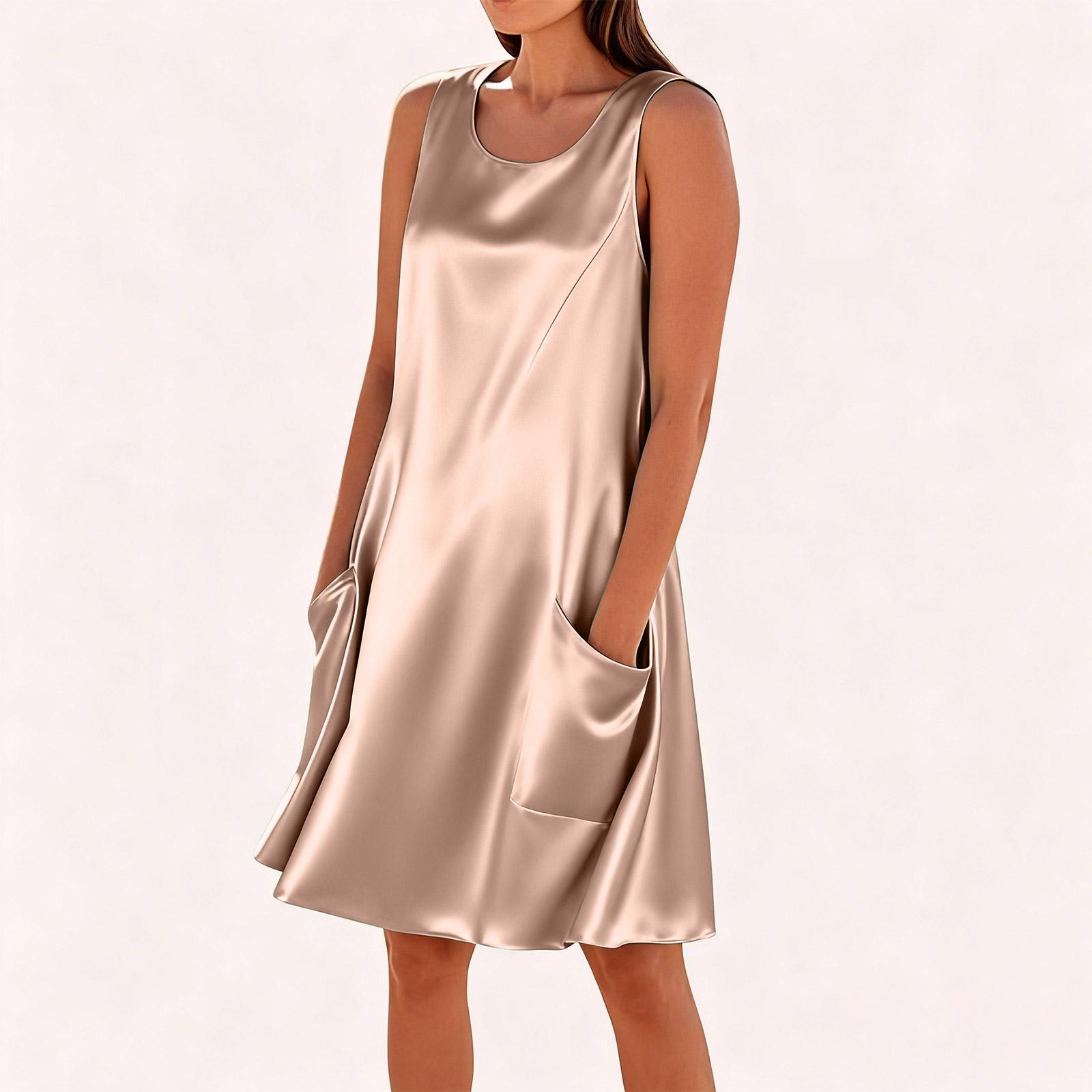 Women s Fashion Casual Colour Sleeveless Cotton Linen Pocket Dress M