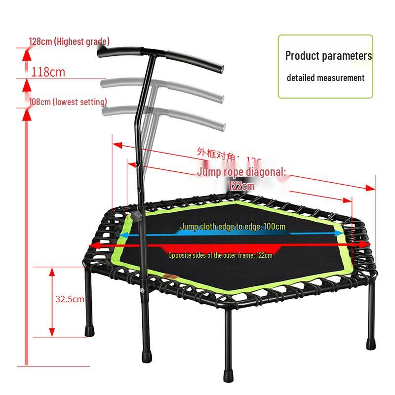 48" Hexagonal Fitness Trampoline with Handle - Silent Bounce, Elastic Rope, Commercial Model for Adults