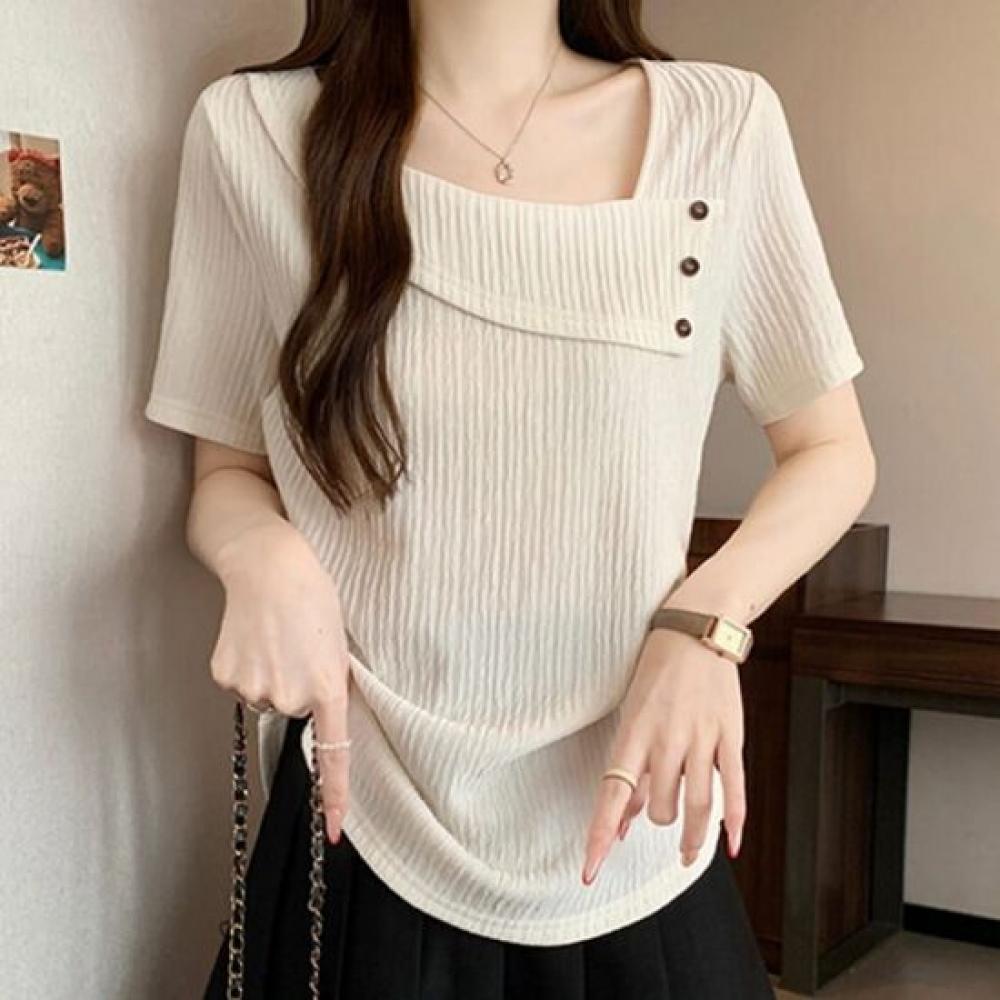 Navava Women Unique AsymmeTric BuTTon PoinT Shirring ShorT Sleeve T shirT nT3405