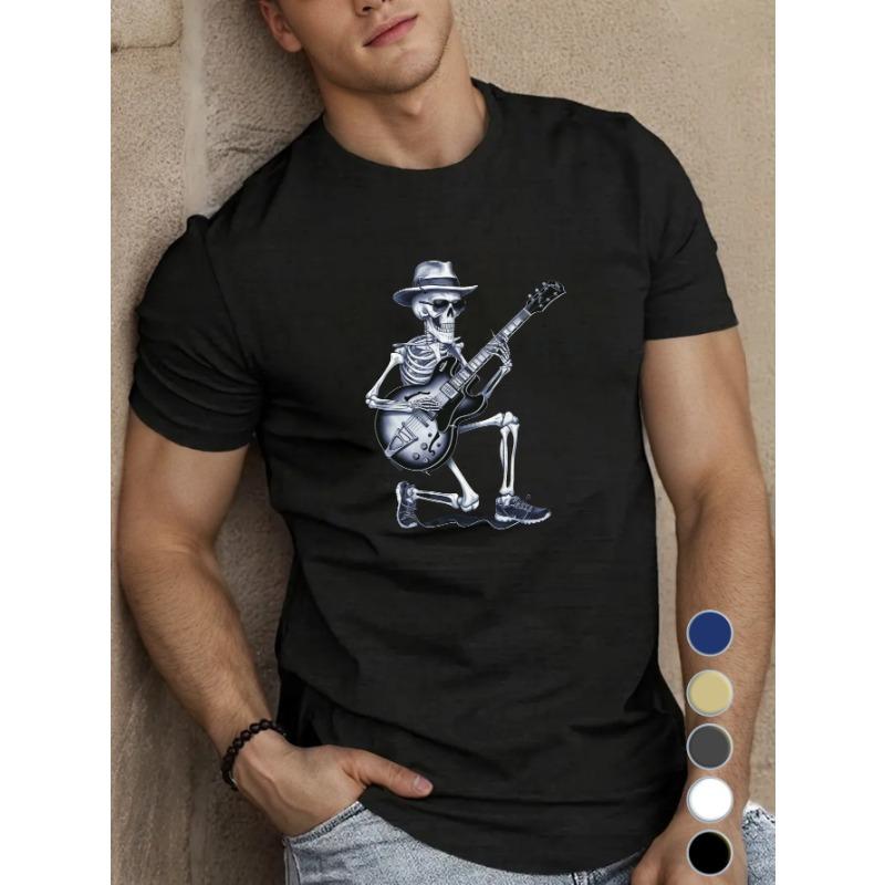 

Европейские размеры Скелет играет на электрогитаре Мужская футболка с коротким рукавом Летняя футболка Топ S чёрный
