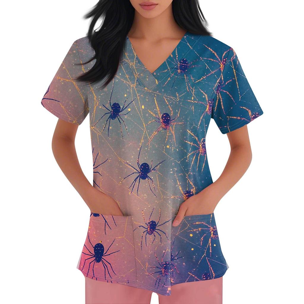 Women's Fashion V-neck Short-sleeved Work Uniform With Pockets, Halloween Print Top