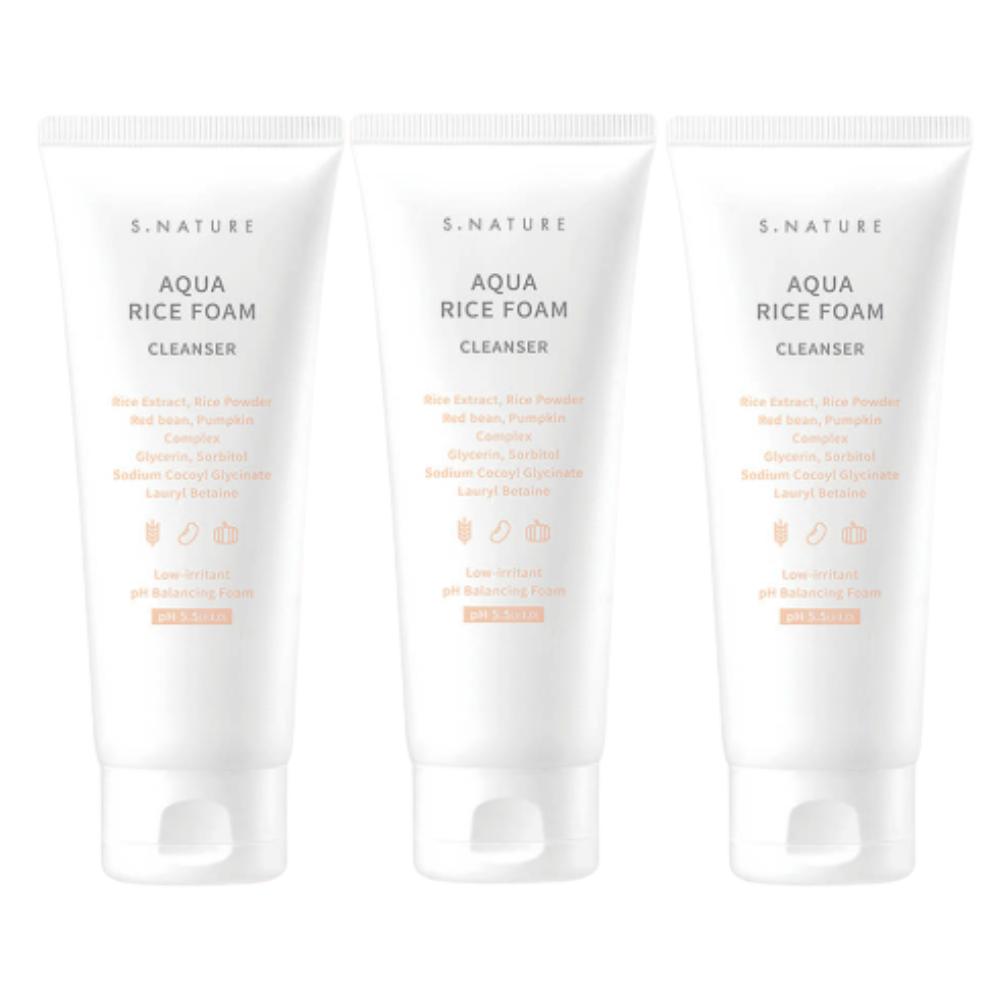 S-NATURE Aqua Rice Low pH Cleansing Foam 80ml 3-Piece Set - Gentle Deep Cleansing & Brightening for Sensitive Skin