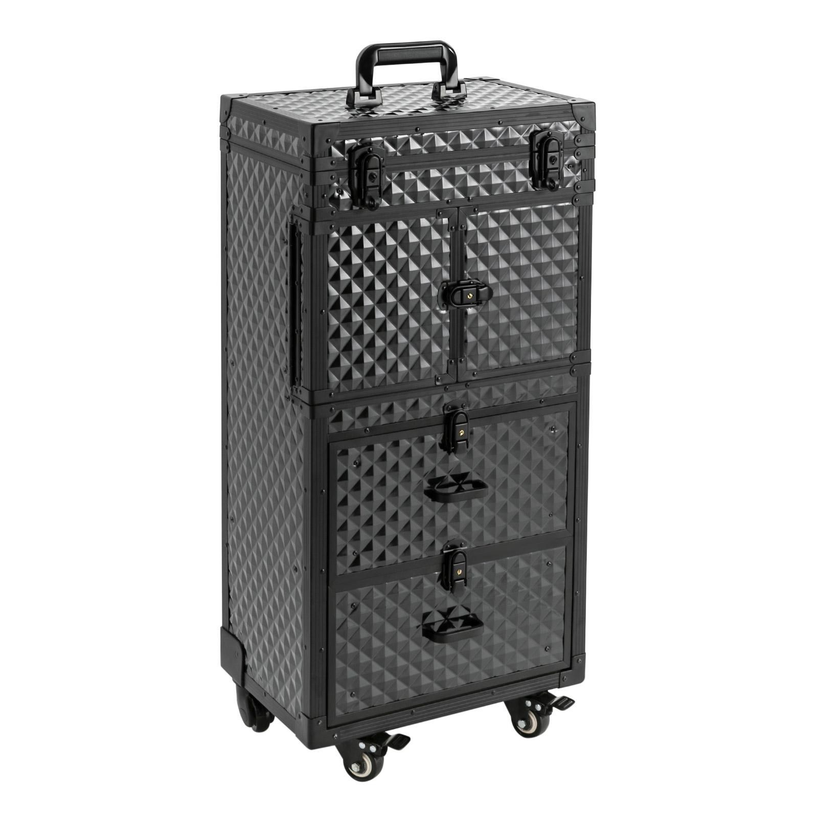 Запираемый чемодан-тележка для макияжа, парикмахерский косметический дорожный кейс на колесах чёрный