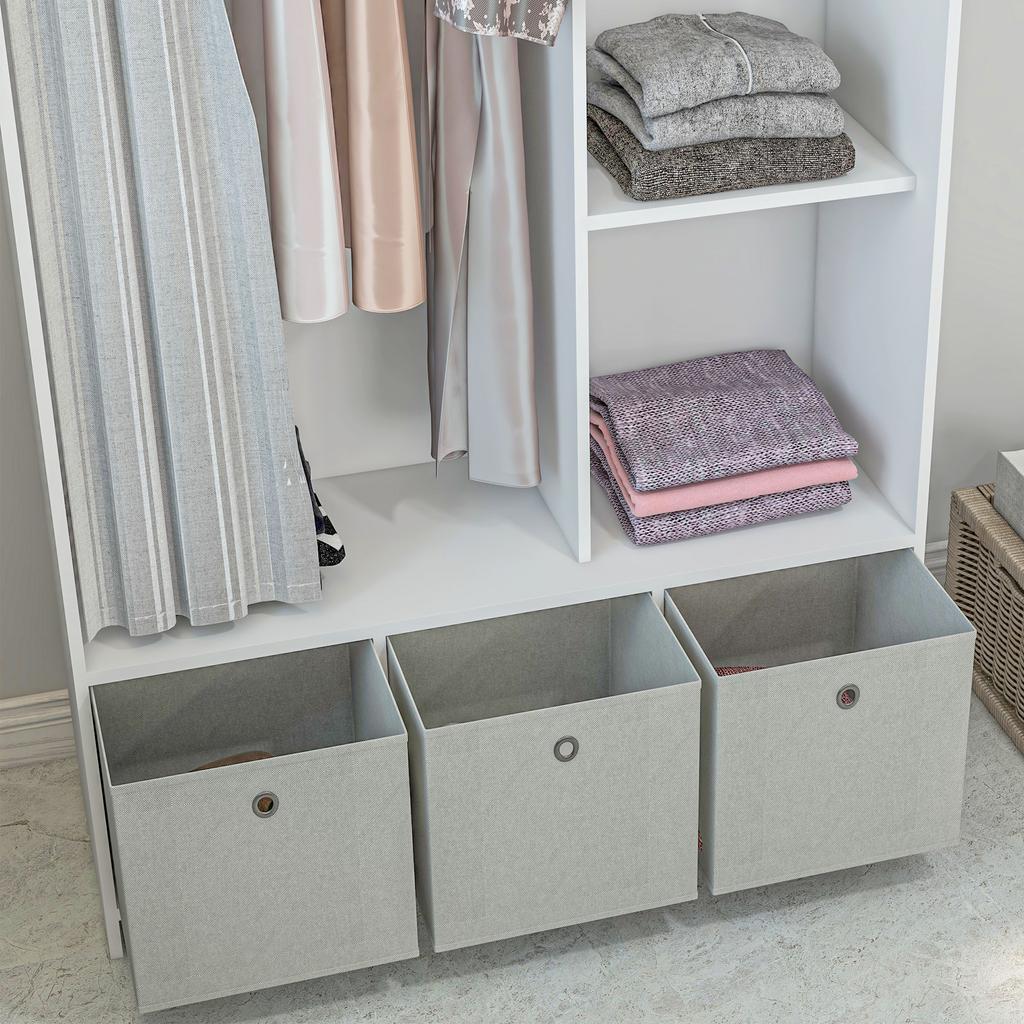 Wardrobe Storage Cabinet with Rail Curtains 3 Removable Fabric Drawers 105 X 48 X 160 Cm White