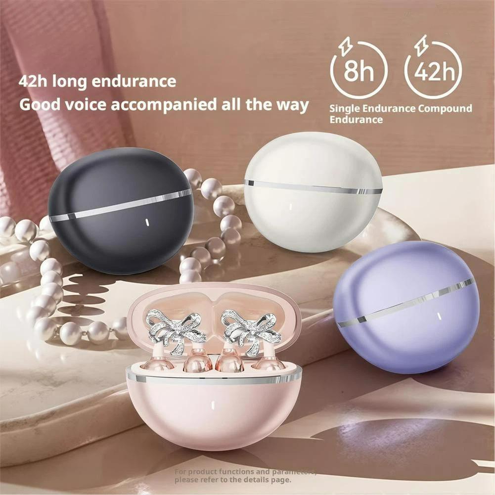 Clip-on Earbuds Wireless Bluetooth 5.4 Open Ear Headphones with Detachable Crystal Bowknot Earrings Eearphones For Sports, Fitness & Workouts