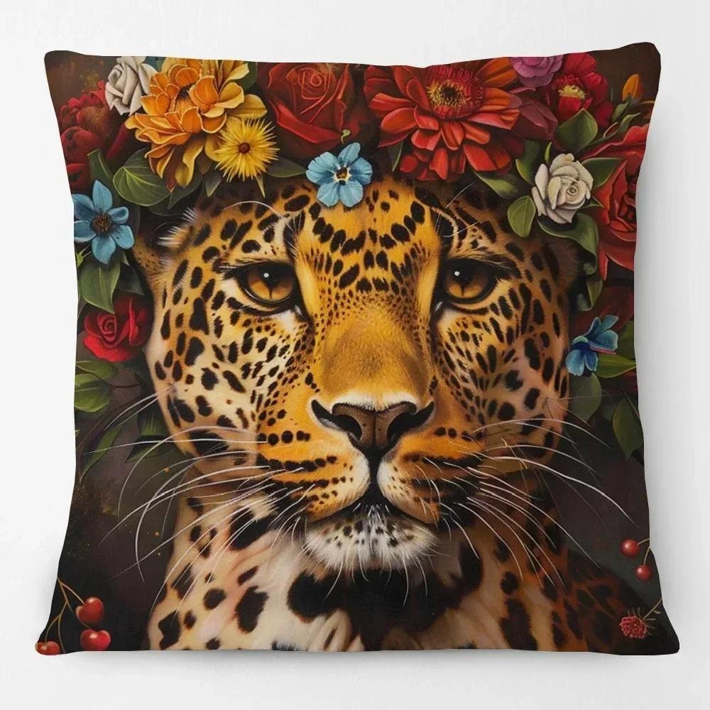 Haarnadel mit Leopardenmuster, Kissen mit Blumenmotiv, Sofadekoration für Zuhause, 45 x 45 cm (nur Kissenbezug)