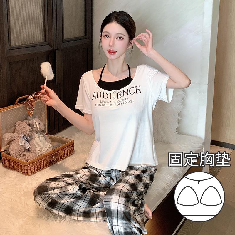 

Summer new Modal cotton suspender neck fake two-piece pajama set women s short-sleeved trousers loungewear with chest pad XL