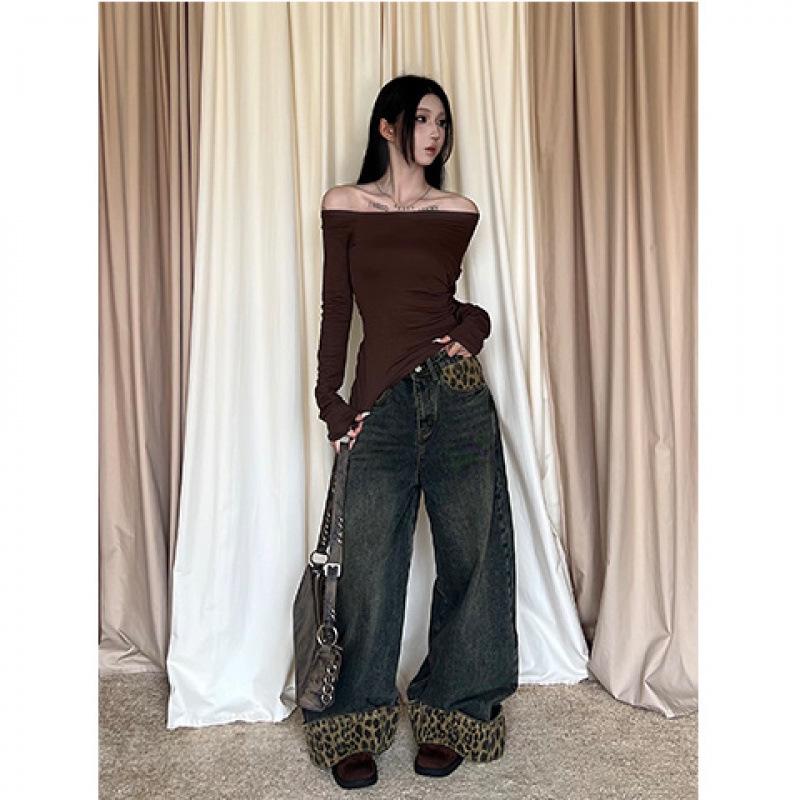 Women s Plus Size Retro Leopard Print Cuffed Jeans - Spring/Autumn 2025 Collection: Loose Slimming Straight Wide Leg Pants L
