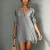 Women's Casual V Neck Shoulder Cutout Short Sleeve Loose Fit Mid Length Dress with Fringe Hem and Sleeve Details for Everyday Wear