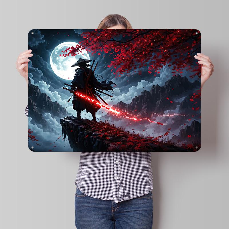 Samurai With Red Sword Under Moonlight D Printed Texture Poster Personalized Wall Art Retro Metal Tin Signs for Desk Decor Room