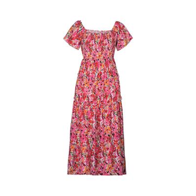 Women Beach Dress Off Shoulder Colorful Flower Print A-line Patchwork Loose Hem Shirring Backless Short Sleeves Summer Vacation Style Midi Dress