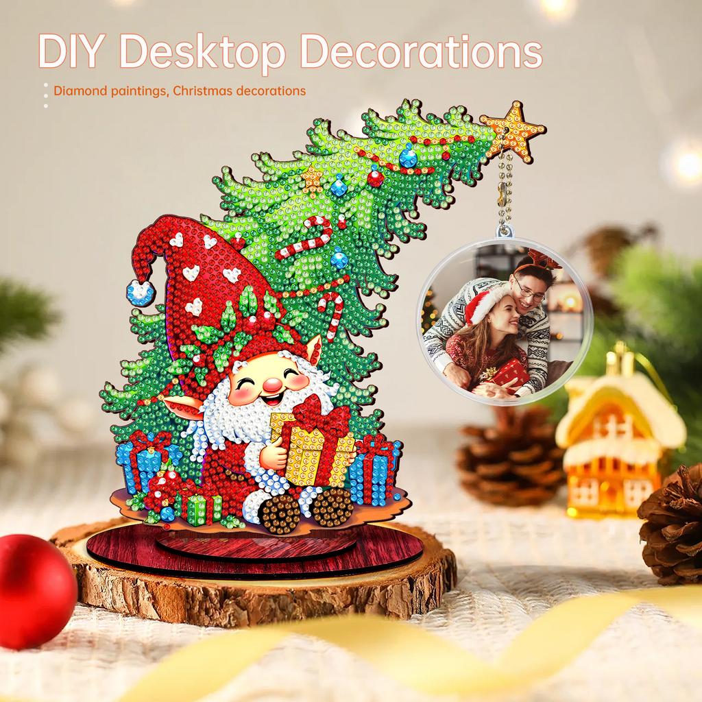 Photo Xmas Tree DIY 2D Flat Wooden Desktop Diamond Art Kits Diamond Painting Desktop Ornaments Kit for Home Office Desktop Decor
