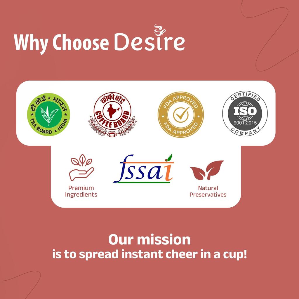 Desire Instant Premix Masala Tea Powder Low Sugar for both Manual and Vending machines | Infused with Cardamom, Ginger, Clove, Cinnamon, Nu