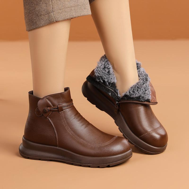 Cotton shoes with plush insulation for middle-aged and elderly women middle-aged leather shoes  autumn and winter short boots