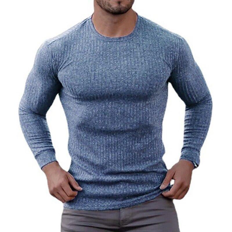 Muscleguys Fashion Autumn Plain Colour Long Sleeved Men's Round Neck Thin Knit Shirt Casual Fitness Clothes