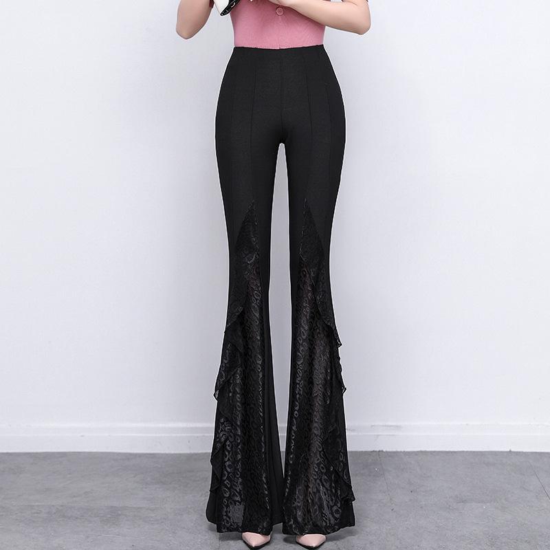 2025 Spring Black Lace High-Waisted Wide Leg Fishtail Pants