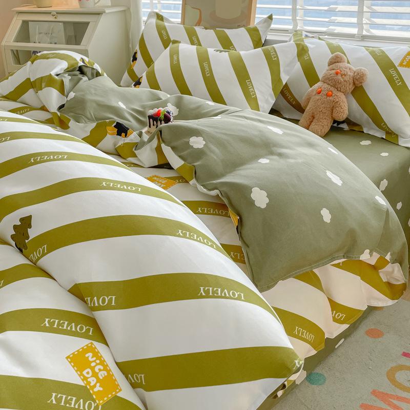 Washed Cotton 4Pcs Set, Spring And Autumn 1.8M Bed Sheet Double Quilt Set 3Pcs Home Textile