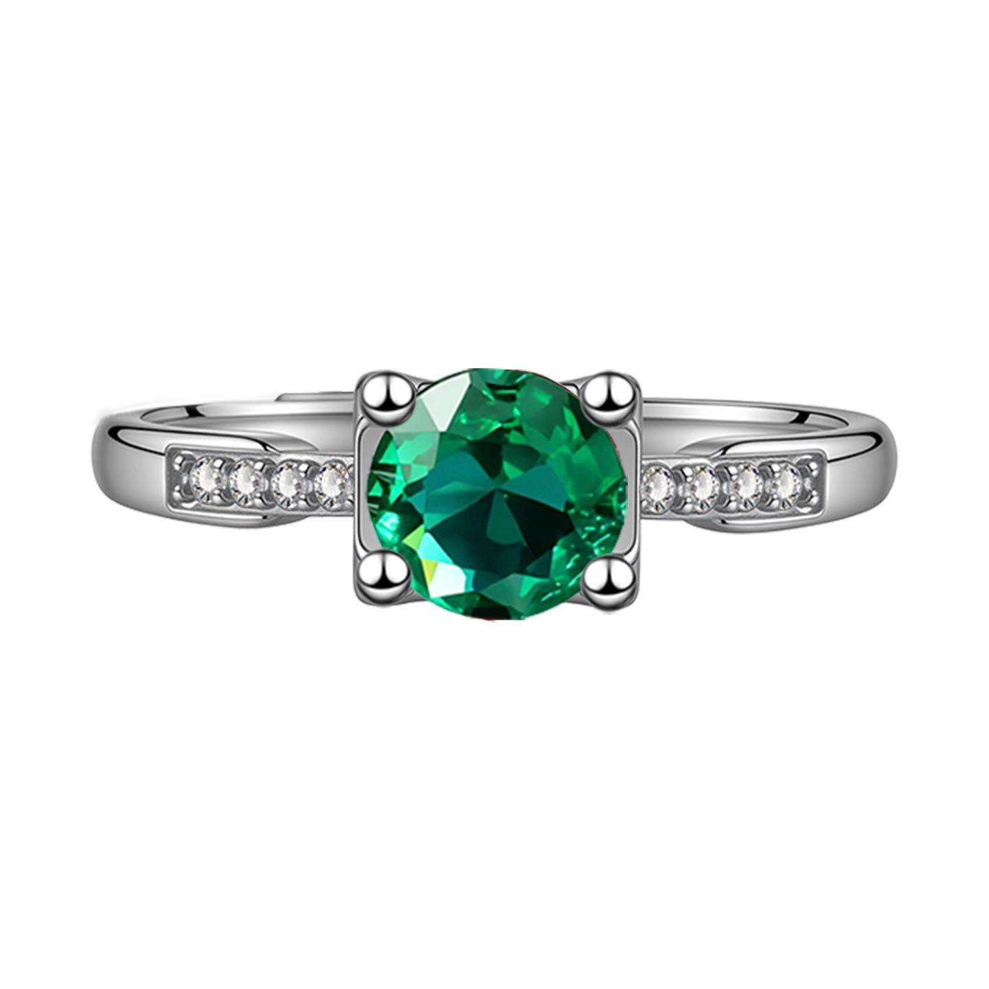 Eco-Friendly Gemstone Ring: Four-Claw Design in White Gold-Plated Copper, Micro-Paved Diamonds, Women s Jewelry. Adjustable