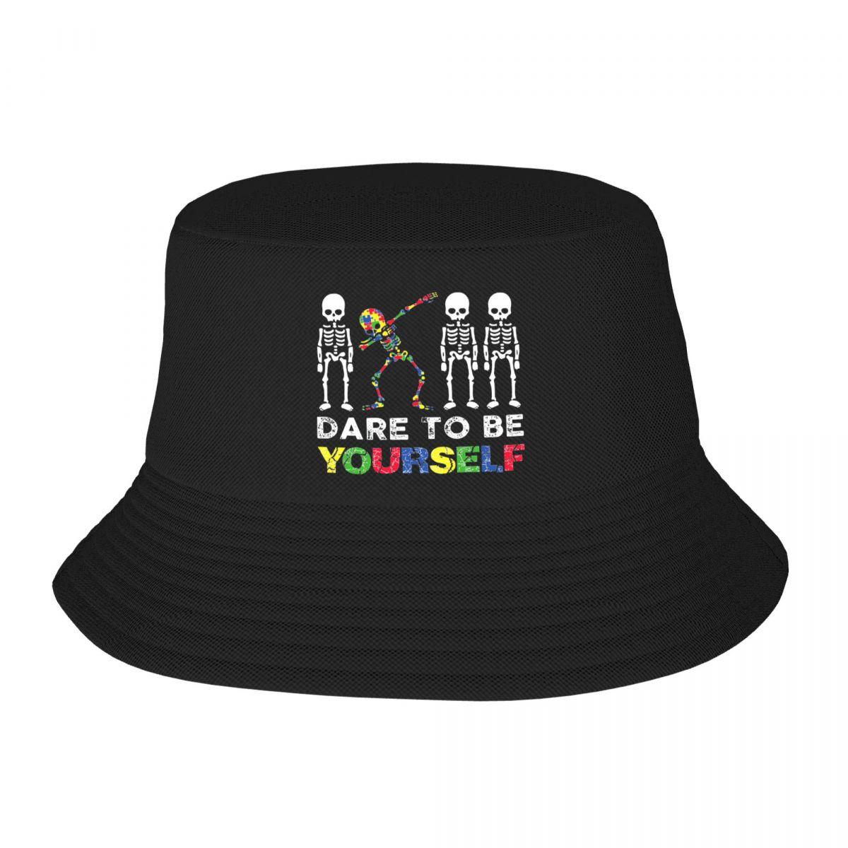 Custom Dare To Be Yourself Skeleton Dabbing Autism Awareness Bucket Hat Women Unisex Fashion Summer Outdoor Sun FisherUnisex Cap