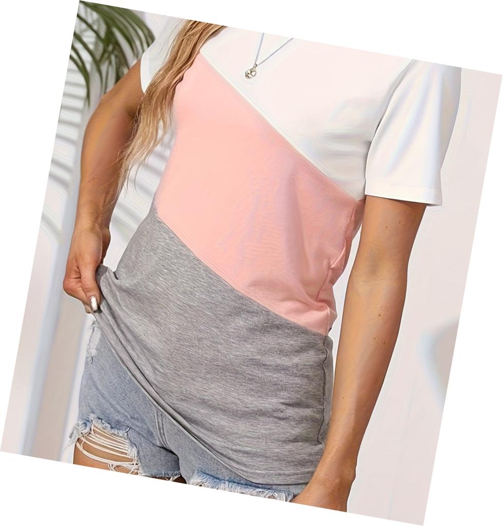 Basic Loose-Fit Color-Blocked T-Shirt, Casual Short-Sleeve Round-Neck T-Shirt, Casual Everyday Top, Women's Clothing