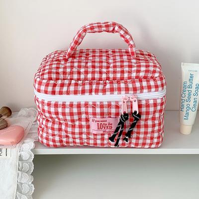 Multi-functional Fresh Grid Makeup Bag Quilted Love Design Handheld Cosmetic Pouch Skincare Storage Bag Home