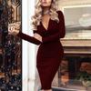 Elegant Women Autumn Long Sleeve Deep V Neck Pleated Bodycon Knee-length Dress