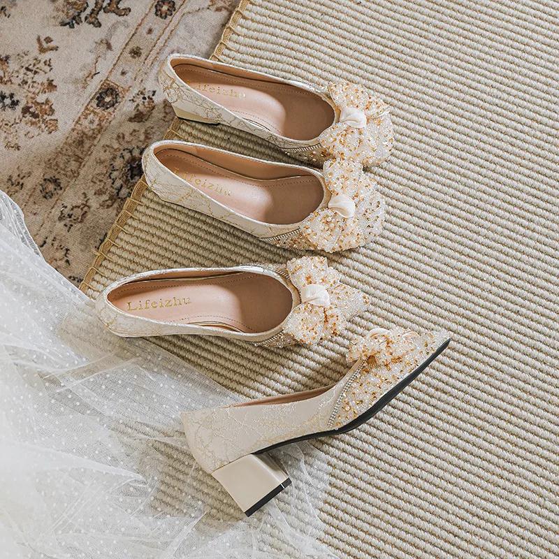 Women Shoes Fashion Pumps Girl Fashion Pointed Toe High Heels Shoes Bling Rhinestone Bowknot Dress Shoes